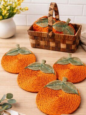 Vintage MCM Woven Straw Pumpkin Coasters - Set of 6 with Basket - LIKE NEW